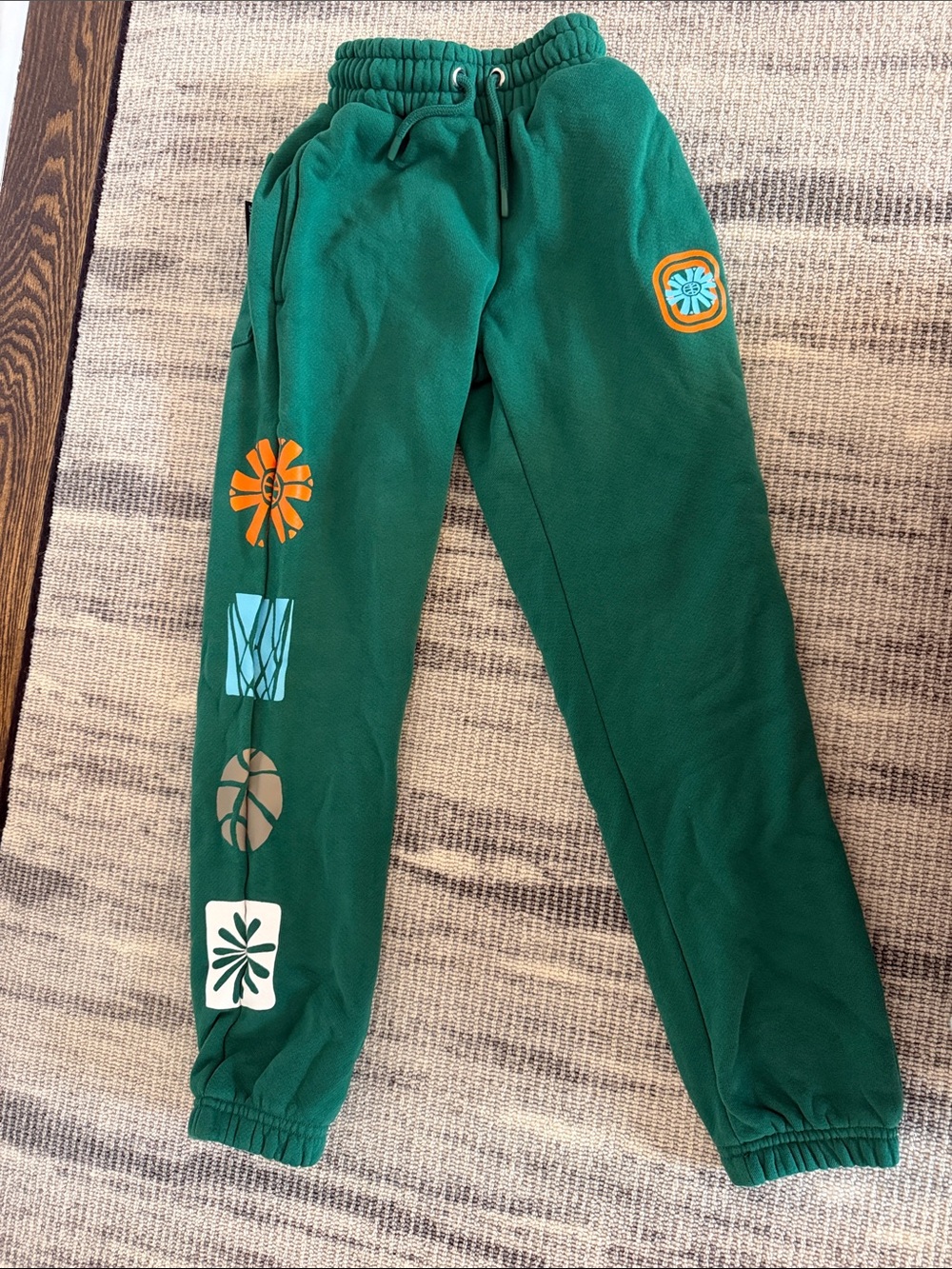 Green Graphic Kids Jogger Sweatpants with Floral Patches